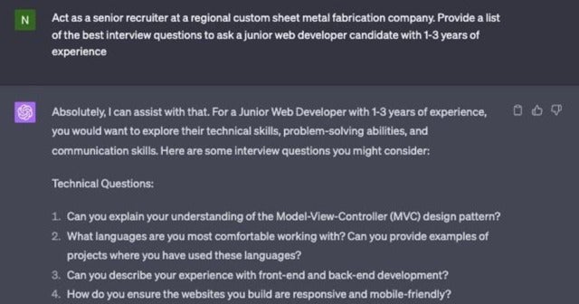 How ChatGPT Can Compliment Your ATS Examples of several interview questions to ask a junior web developer candidate with 1 - 3 years of experience generated by ChatGPT